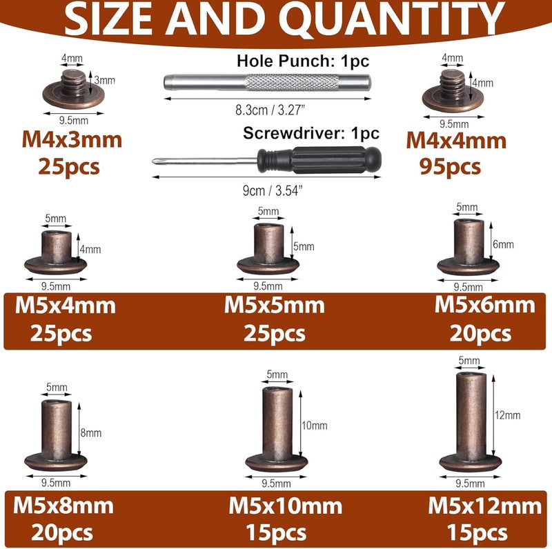 Socell 120Sets Chicago Screws Kit, 6 Sizes Chicago Screws for Leather,Binding Screws Leather Rivet kit for Crafts, Clothing, Shoes, Belts, Bags, and Custom-Made Items(Antique Copper, M5*4,5,6,8,10,12) - Image 2